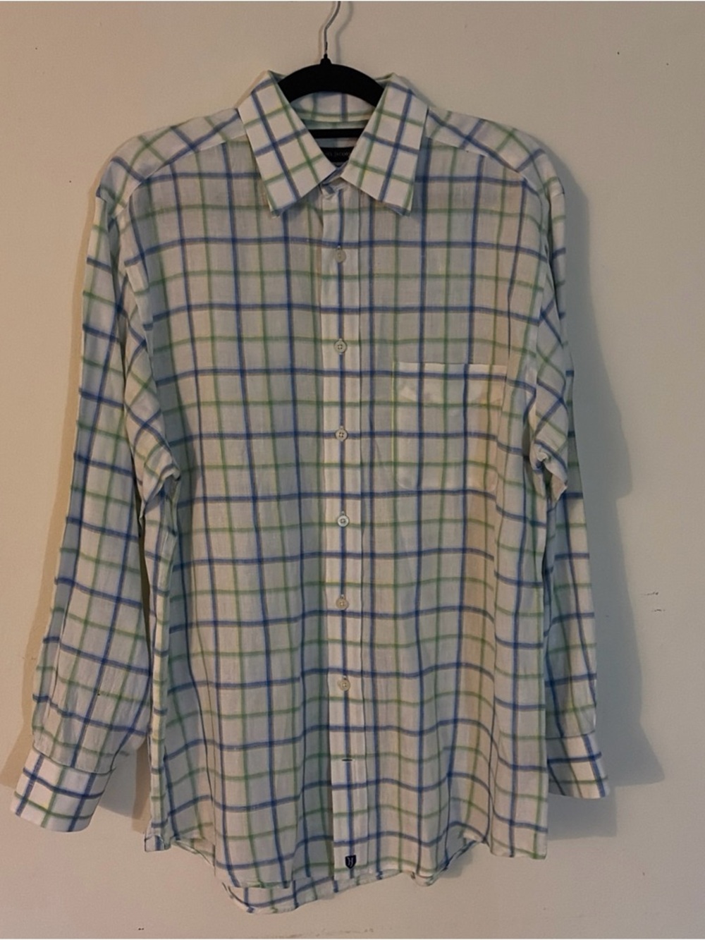 100% Linen White Plaid Dress Shirt with Blue & Green Check